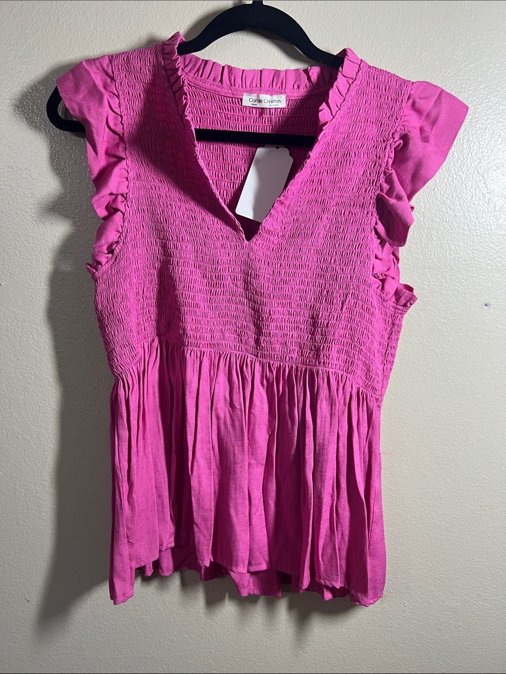 Caslon Fuchsia Smocked V-Neck Ruffle Sleeve Top